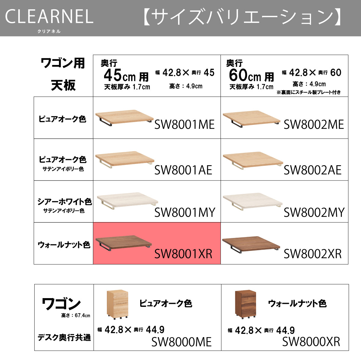 カリモク ワゴン用天板 奥行45cm用 SW8001XR ウォールナット材